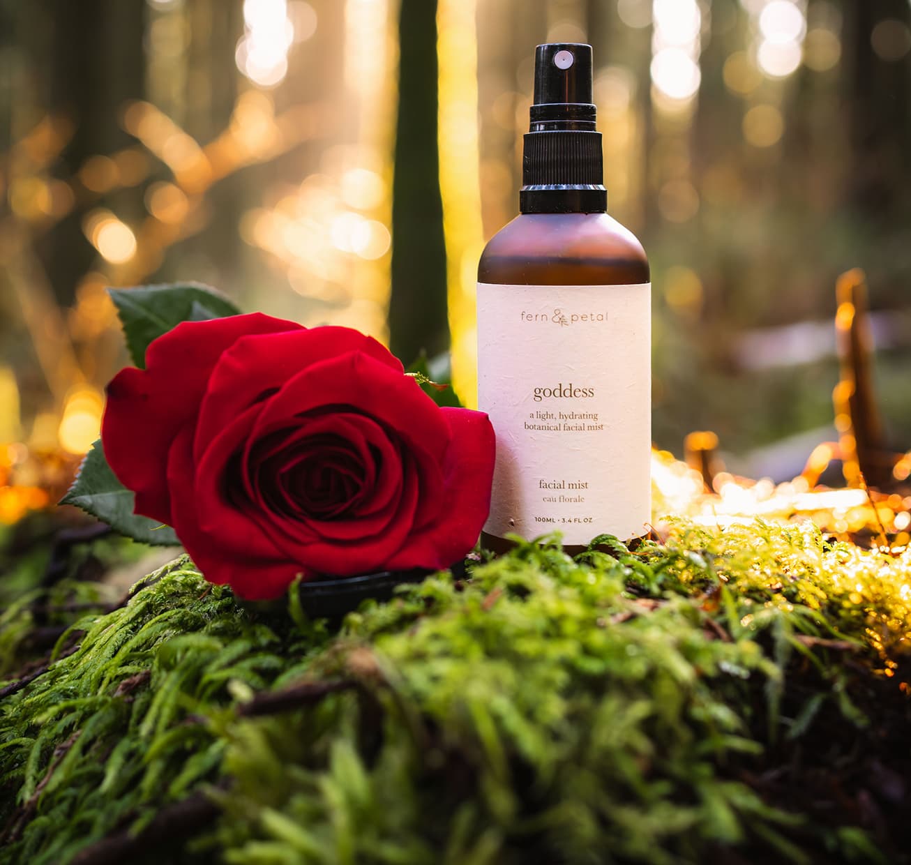 A Goddess Spray next to a rose flower in the forest